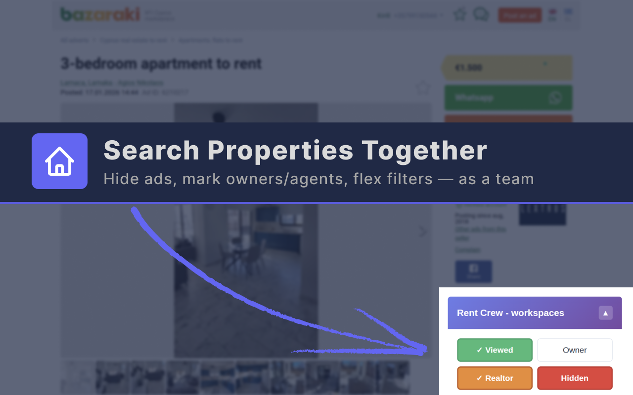 RentCrew panel on a Bazaraki listing page